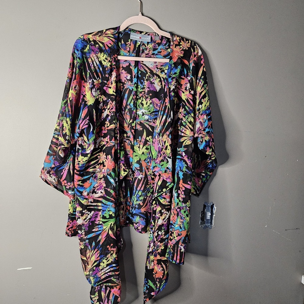 Avenue STUDIO Women Black Multicolor Floral Kimono Open Front 3/4 Sleeve 14/16